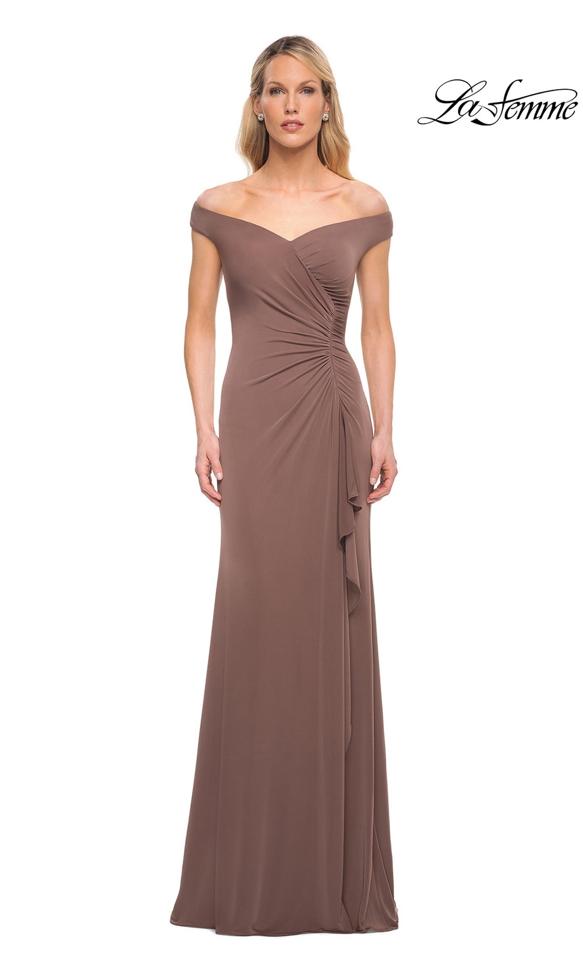Cocoa-colored floor-length La Femme 29925 jersey formal dress featuring an off-the-shoulder neckline and a ruched side detail.